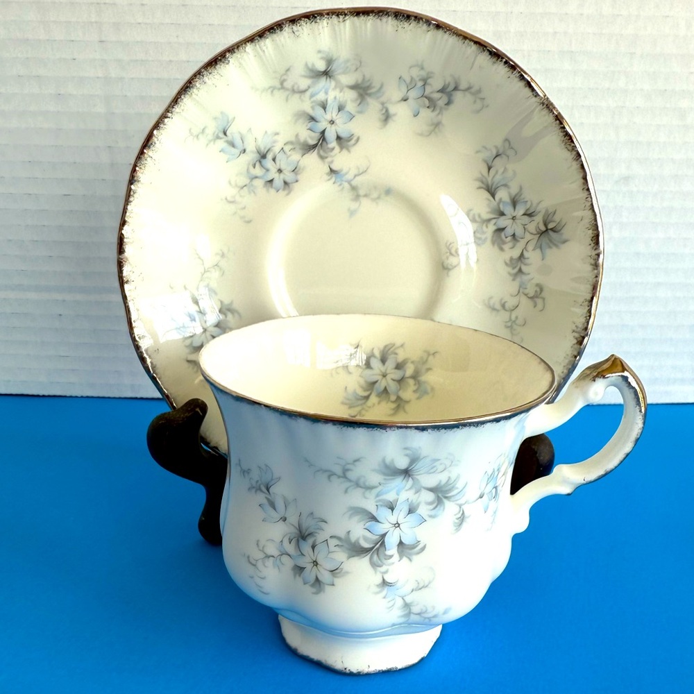 Vintage Paragon Teacup + Saucer in “Brides Choice” White Blue Floral Silver Trim